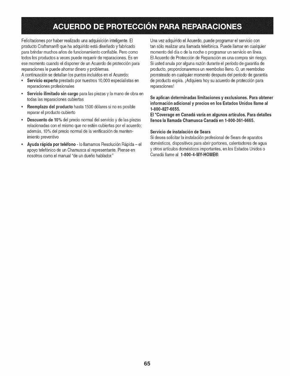 Acuerdo de proteccion para reparaciones | Craftsman 247.37683 User Manual | Page 65 / 68