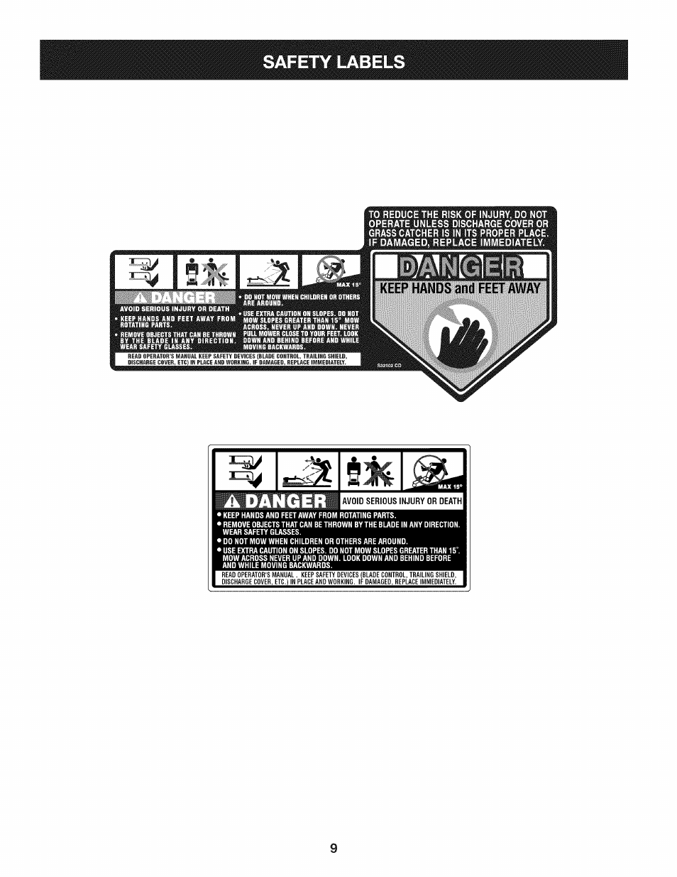 A danger, Safety labels | Craftsman 247.37683 User Manual | Page 9 / 68
