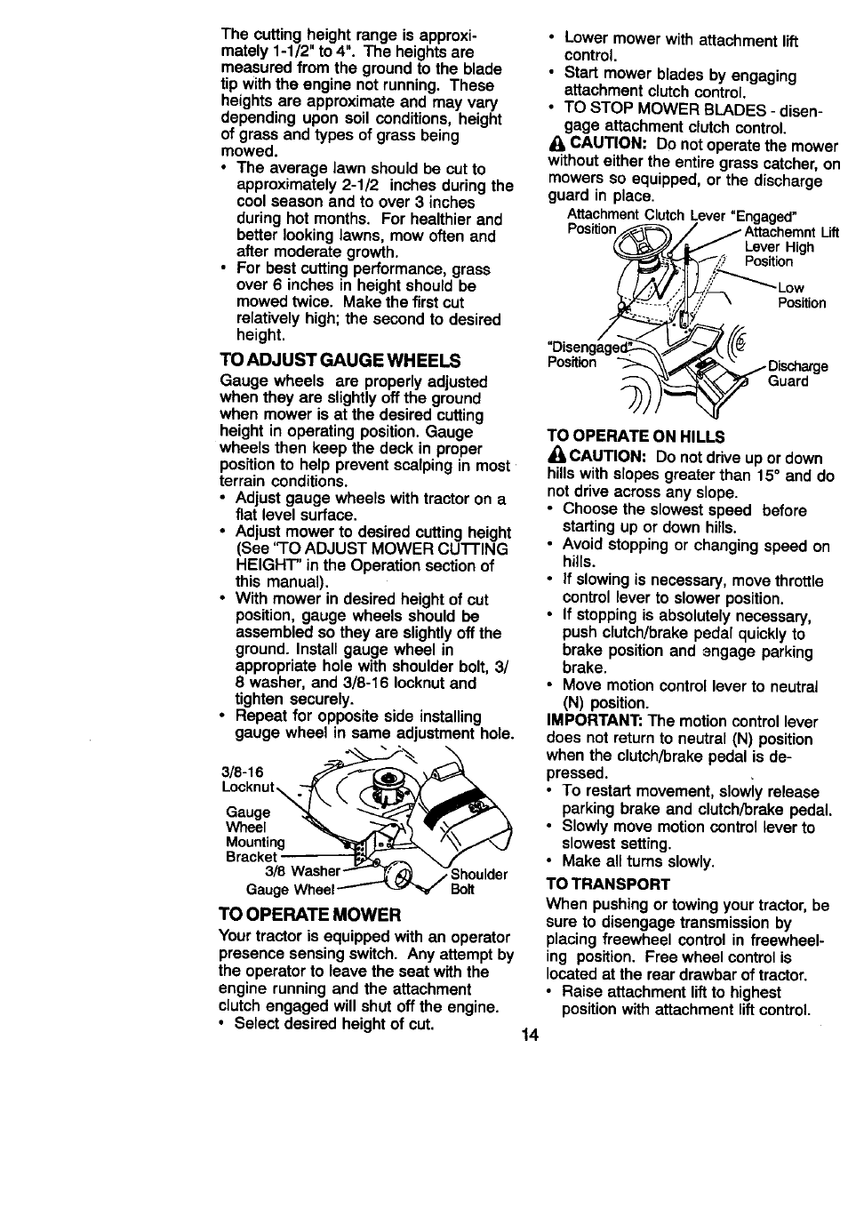 To adjust gauge wheels, To operate mower | Craftsman 917.270860 User Manual | Page 14 / 60