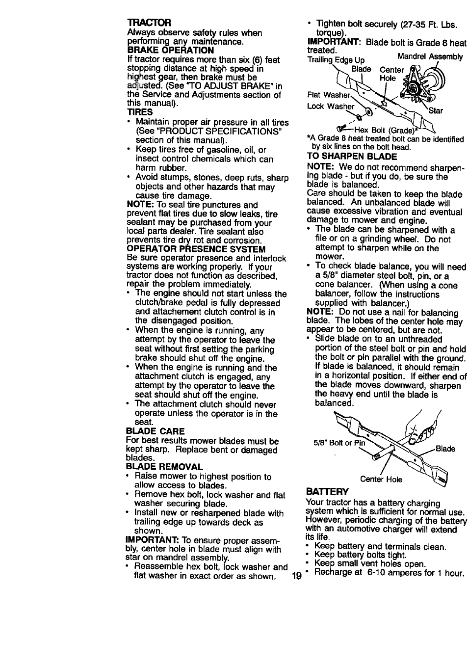 Tractor, Brake operation, Tires | Blade care, Blade removal, To sharpen blade | Craftsman 917.270860 User Manual | Page 19 / 60