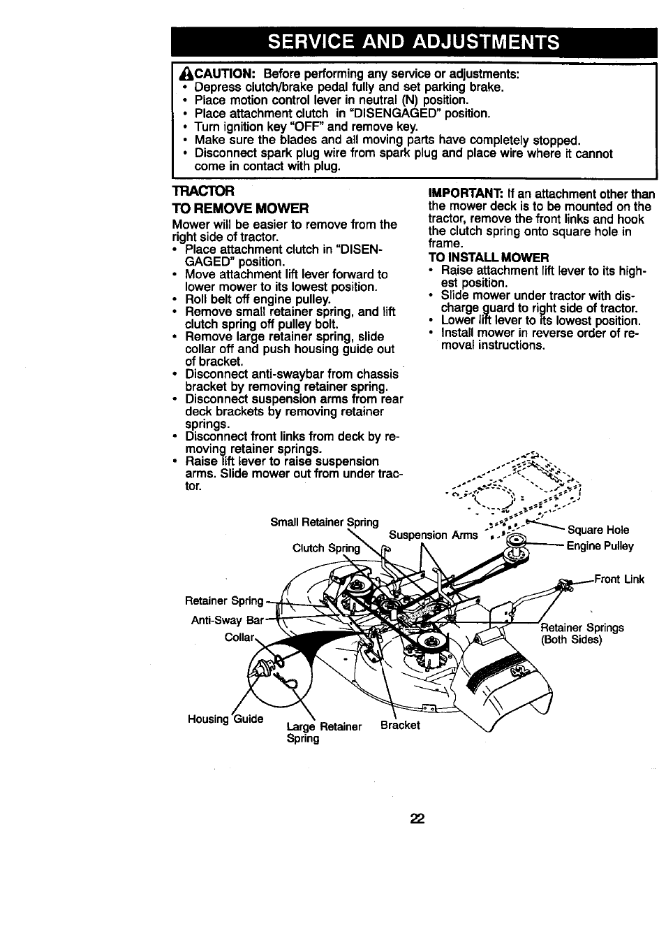 Service and adjustments, To remove mower, To install mower | Craftsman 917.270860 User Manual | Page 22 / 60