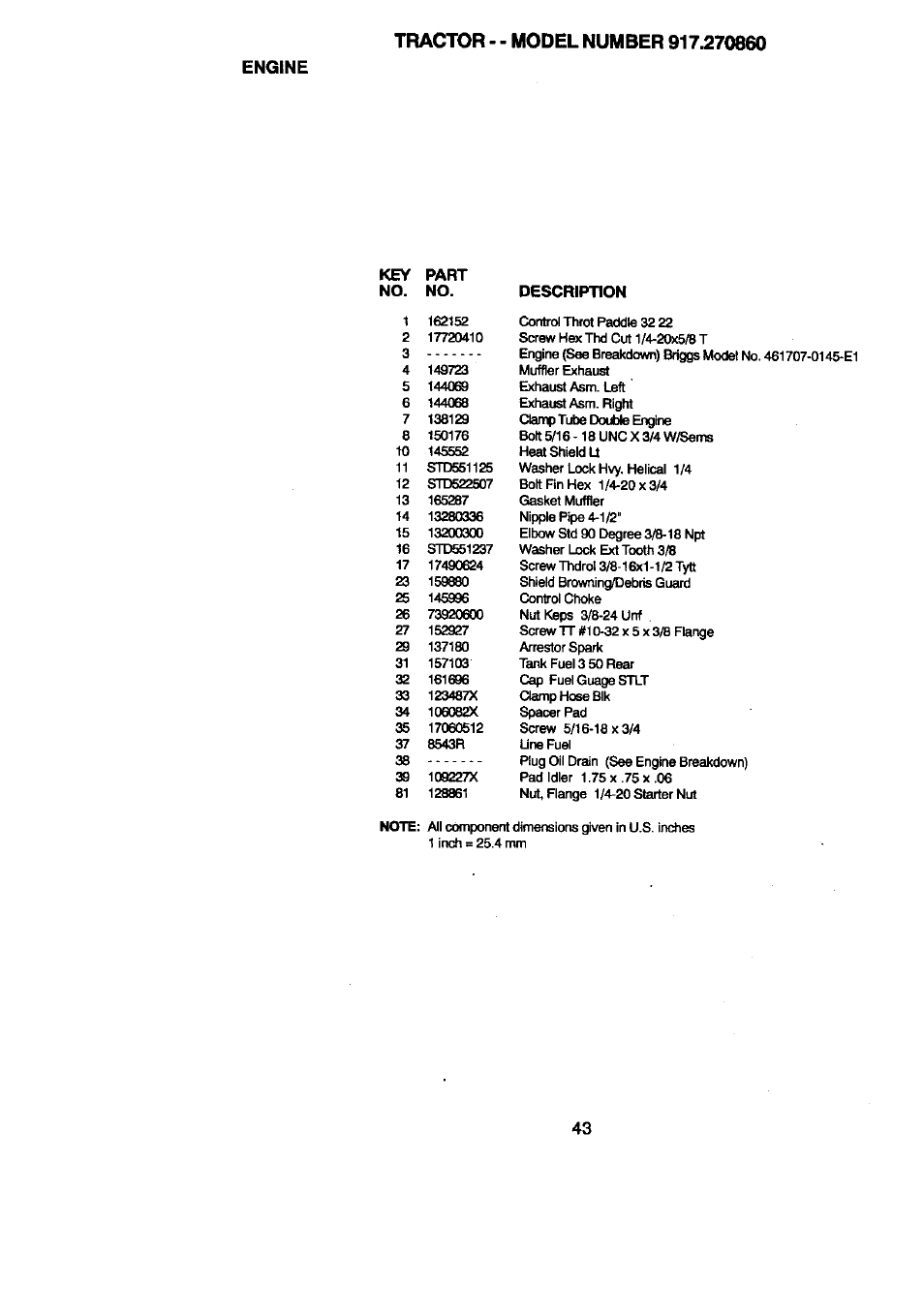 Engine, Key part no. no. description | Craftsman 917.270860 User Manual | Page 43 / 60