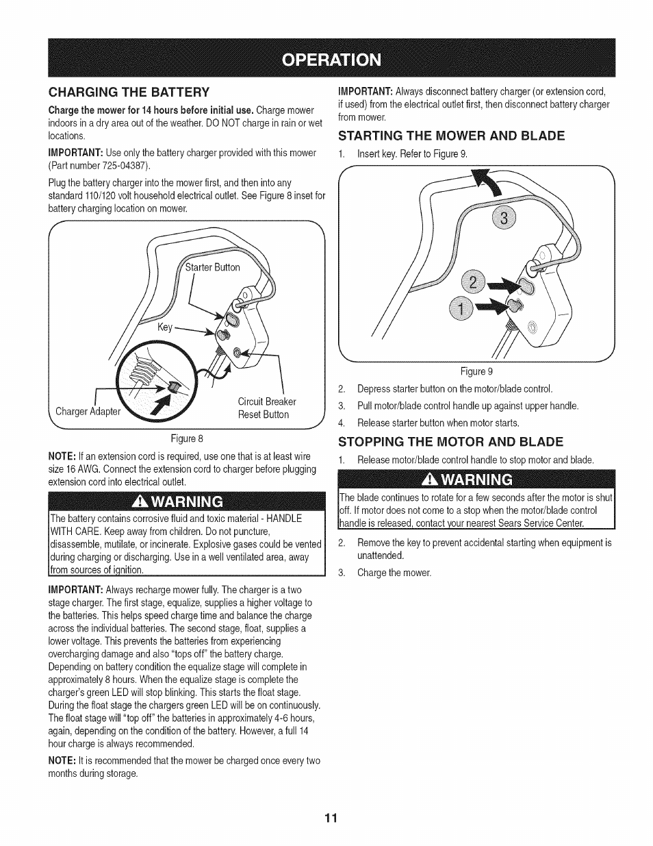 Awarning, Starting the mower and blade, Stopping the motor and blade | Operation | Craftsman 247.370480 User Manual | Page 11 / 40