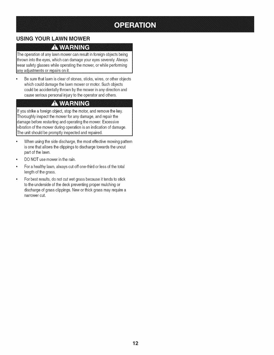 Awarning, Operation | Craftsman 247.370480 User Manual | Page 12 / 40