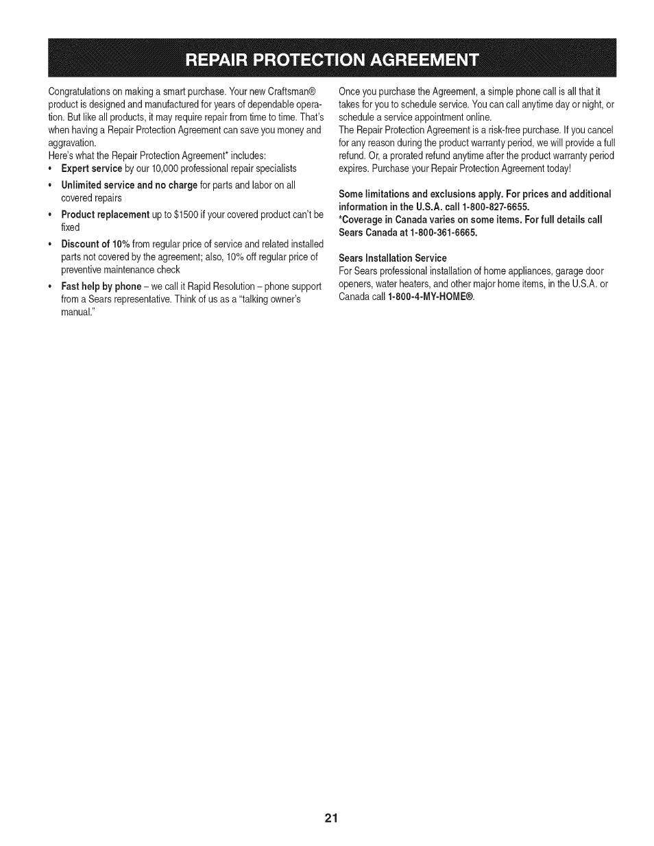 Repair protection agreement | Craftsman 247.370480 User Manual | Page 21 / 40