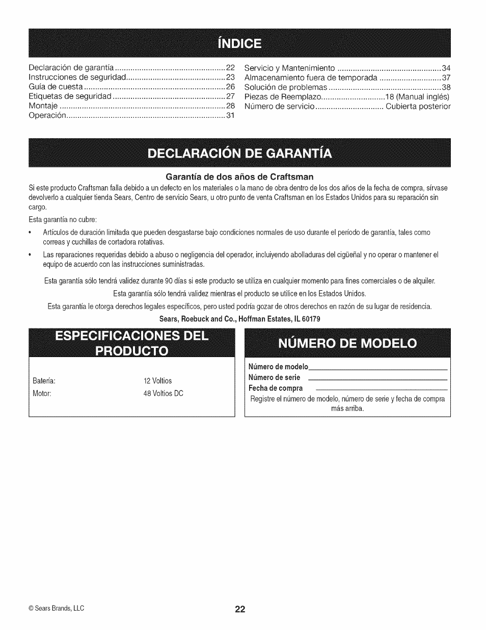 Declaracion de garantia, Especificacione producto, Numero de modelo | Craftsman 247.370480 User Manual | Page 22 / 40