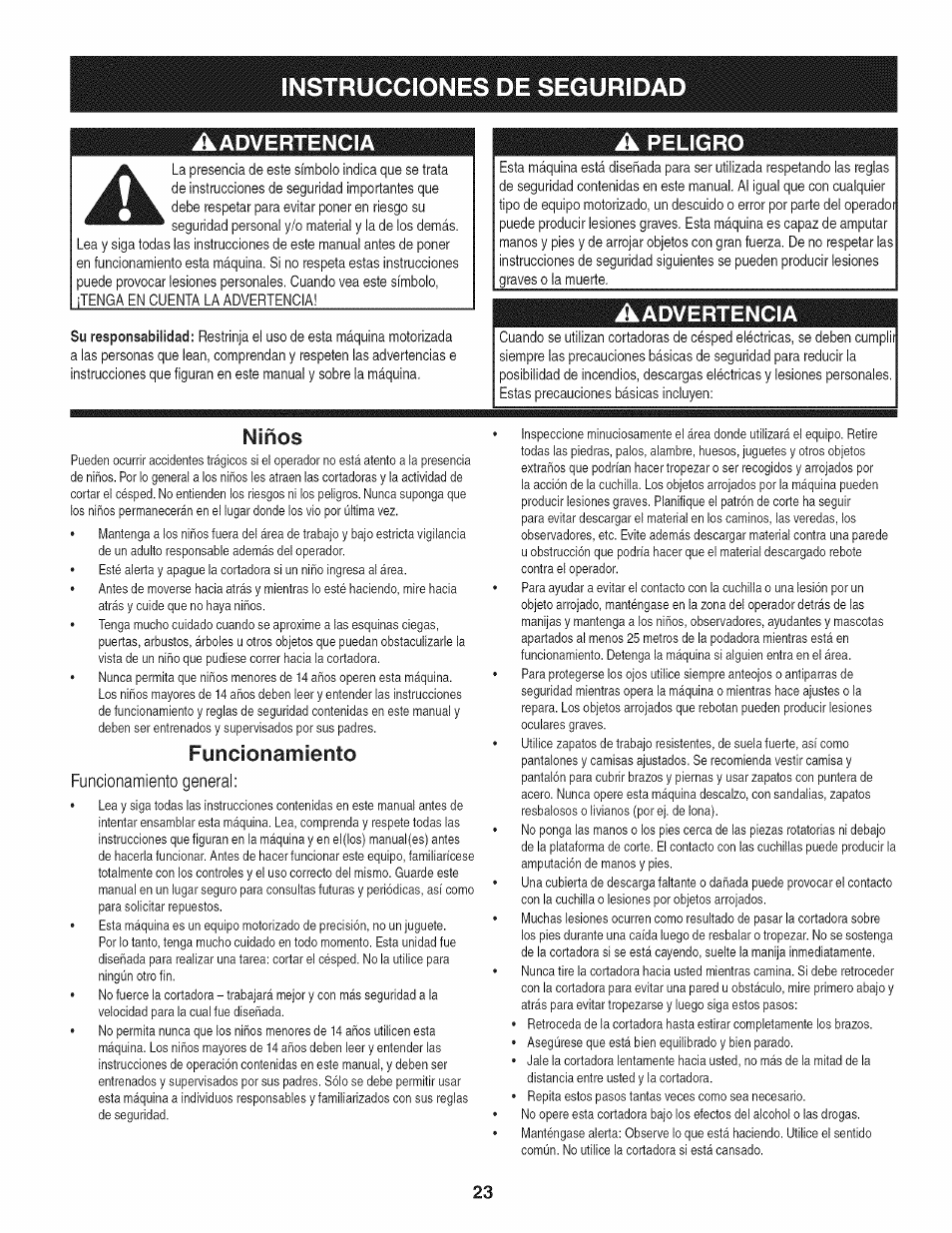 Aadvertencia, Niños, Funcionamiento | Instrucciones de seguridad, A peligro | Craftsman 247.370480 User Manual | Page 23 / 40