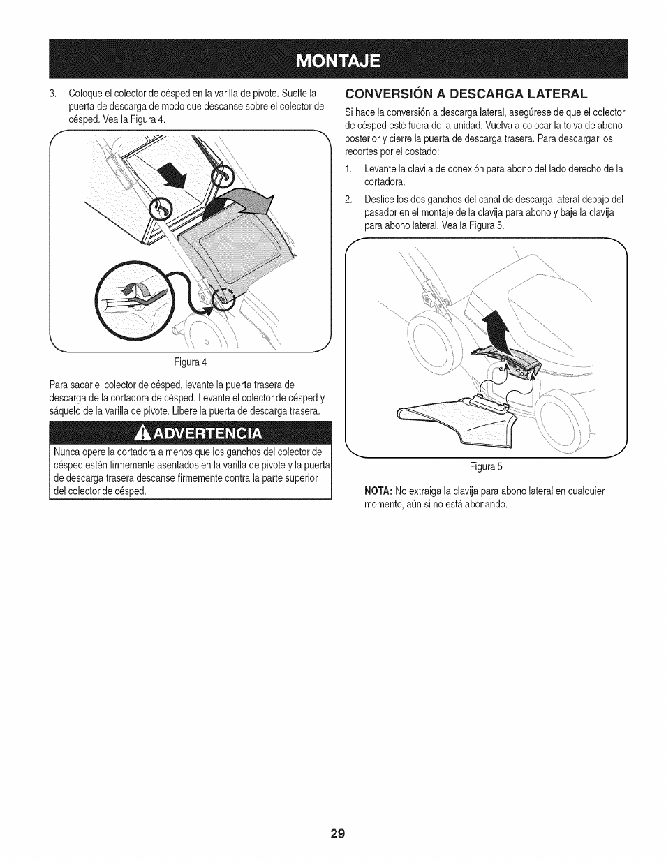 Montaje, Conversion a descarga lateral | Craftsman 247.370480 User Manual | Page 29 / 40