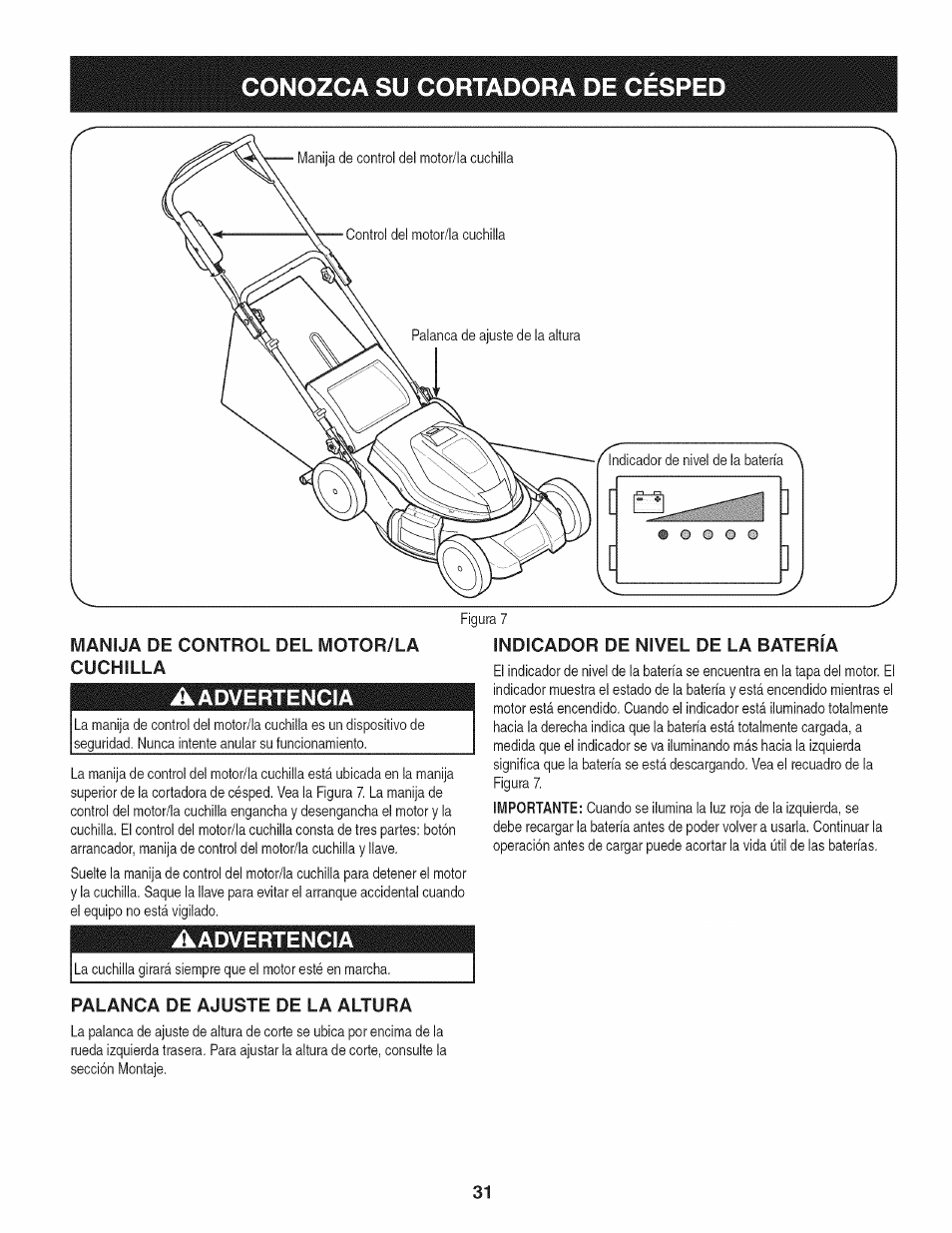 Manija de control del motor/la, Aadvertencia, Indicador de nivel de la batería | Palanca de ajuste de la altura, Conozca su cortadora de cesped | Craftsman 247.370480 User Manual | Page 31 / 40