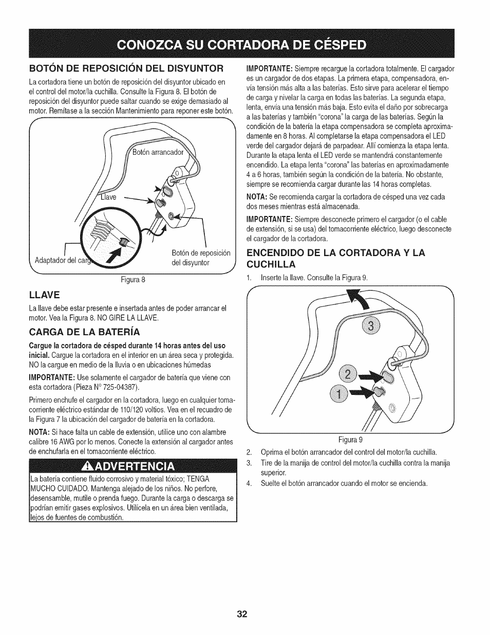 Llave, Carga de la batería, Aadvertencia | Encendido de la cortadora y la cuchilla, Conozca su cortadora de cesped | Craftsman 247.370480 User Manual | Page 32 / 40