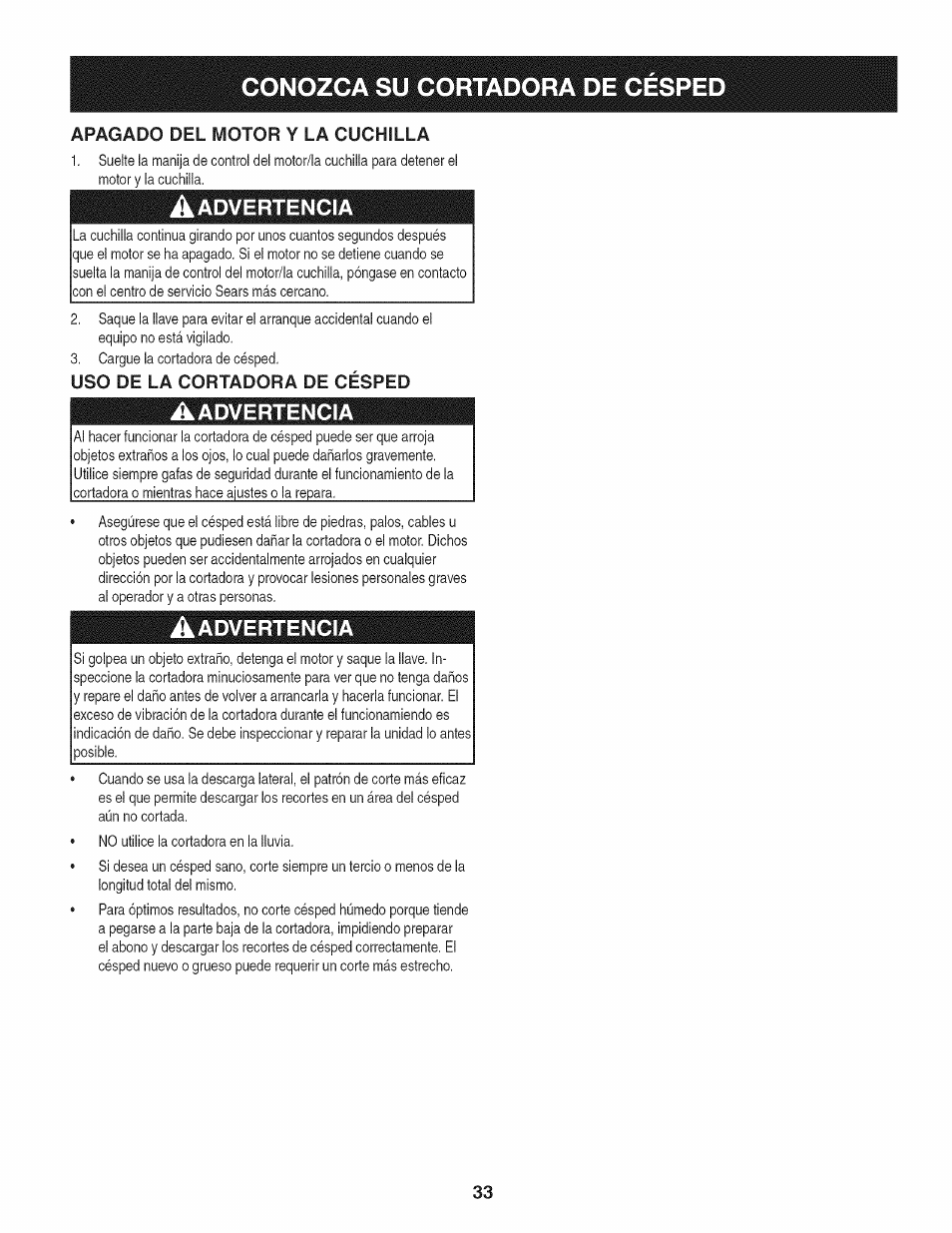 Uso de la cortadora de césped, Aadvertencia, Conozca su cortadora de cespe | Craftsman 247.370480 User Manual | Page 33 / 40