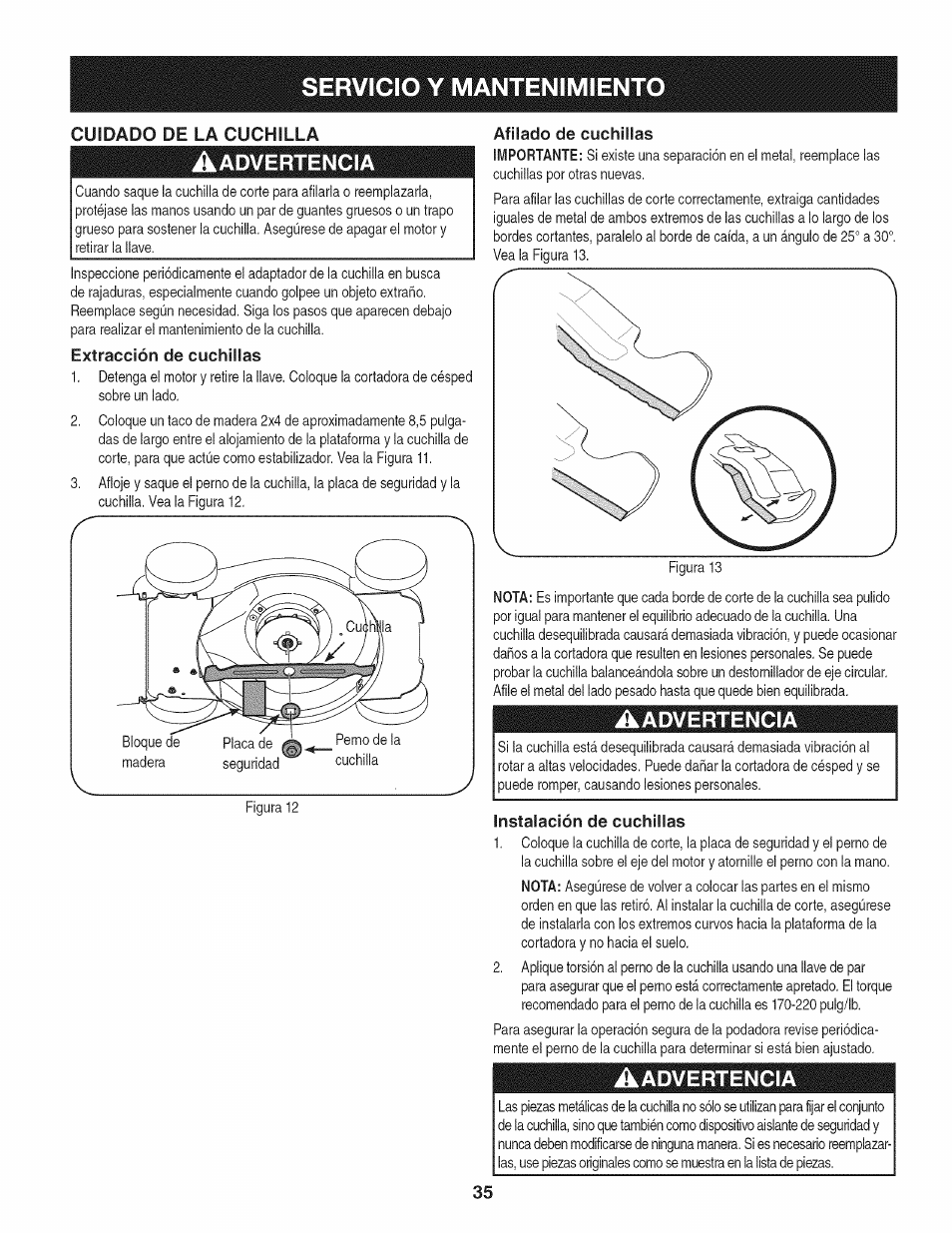 Extracción de cuchillas, Afilado de cuchillas, Aadvertencia | Instalación de cuchillas, Servicio y mantenimiento | Craftsman 247.370480 User Manual | Page 35 / 40