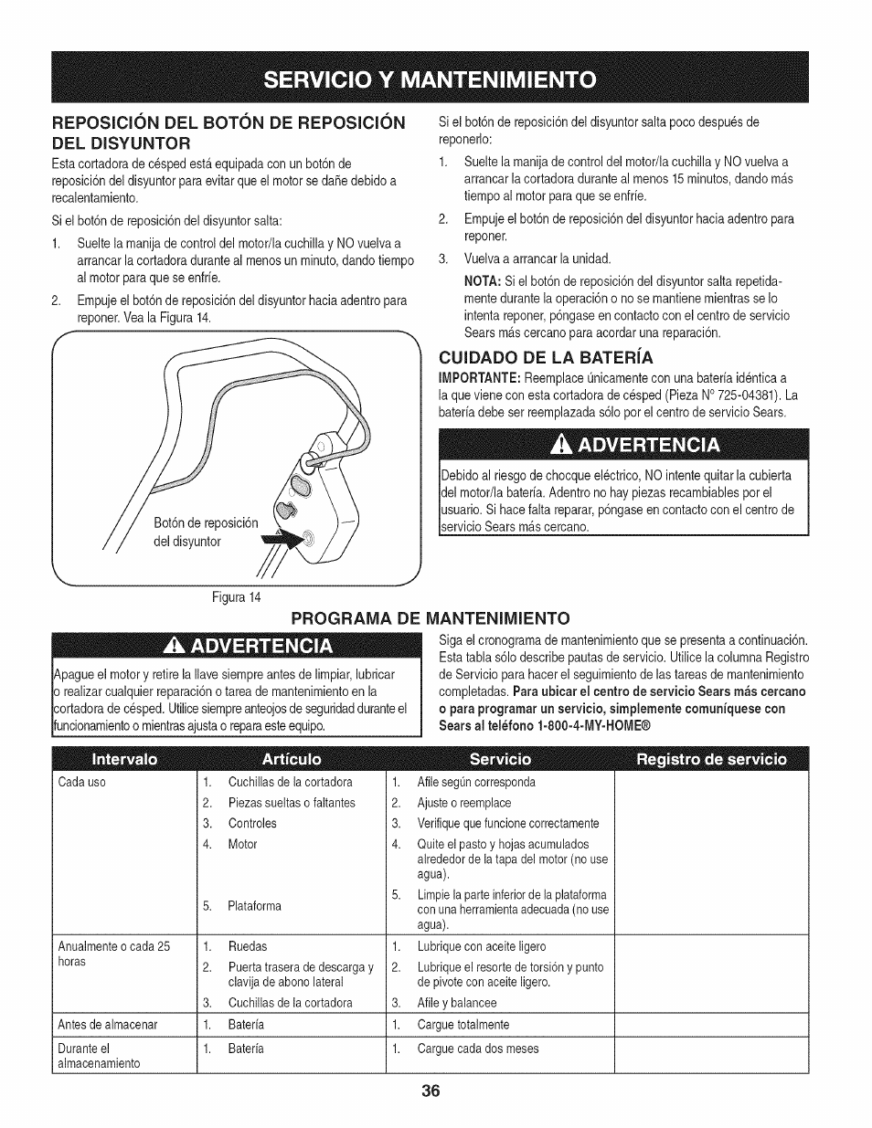 Cuidado de la batería, A advertencia, Programa de mantenimiento | Servicio y mantenimiento, Advertencia | Craftsman 247.370480 User Manual | Page 36 / 40