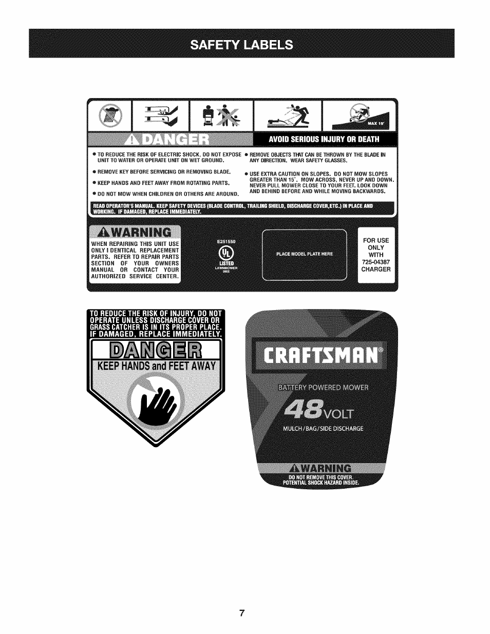 Awarning, Safety labels, Keep hands and feet away | Craftsman 247.370480 User Manual | Page 7 / 40