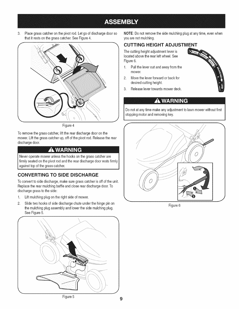 Assembly, Converting to side discharge, Awarning | Warning | Craftsman 247.370480 User Manual | Page 9 / 40