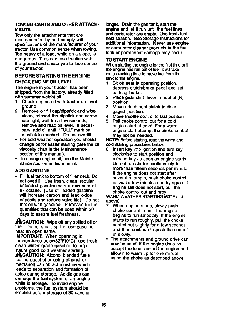Before starting the engine check engine oil level, To start engine | Craftsman 917.271910 User Manual | Page 15 / 56