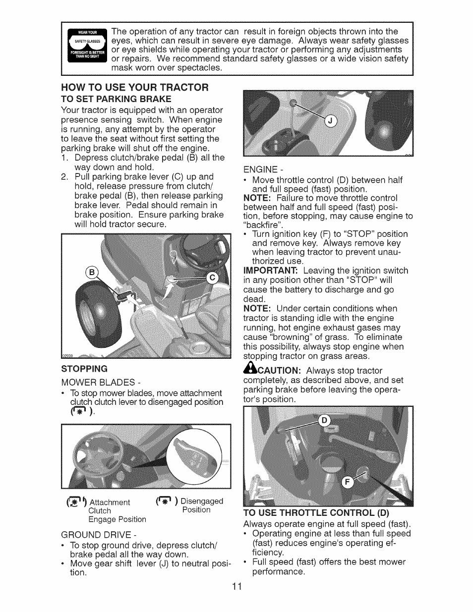 How to use your tractor to set parking brake, To use throttle control (d), J__ ( f ) | Craftsman 917.28925 User Manual | Page 11 / 64