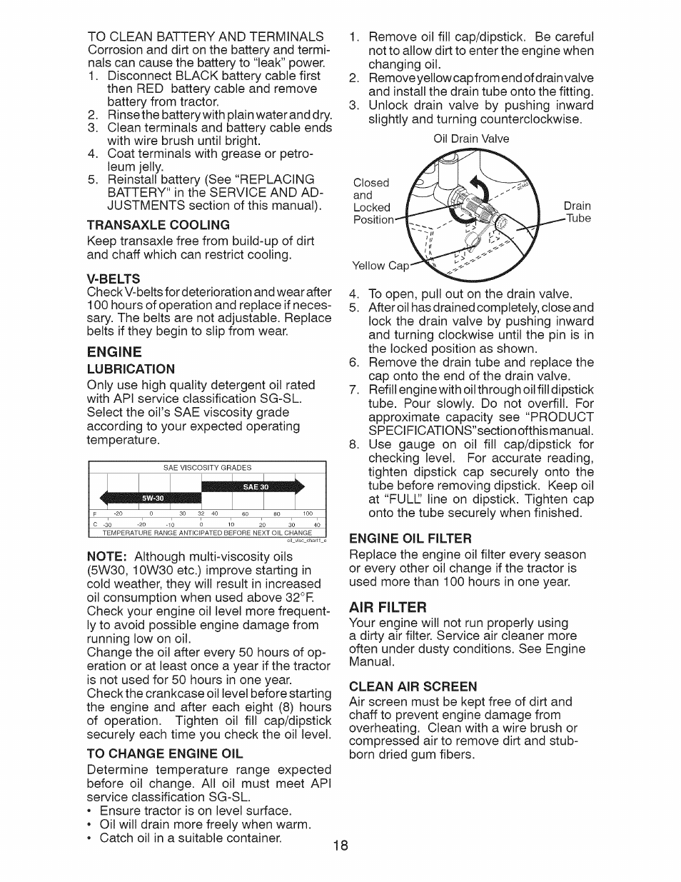 Transaxle cooling, V-belts, Engine | Lubrication, To change engine oil, Engine oil filter, Air filter, Clean air screen | Craftsman 917.28925 User Manual | Page 18 / 64