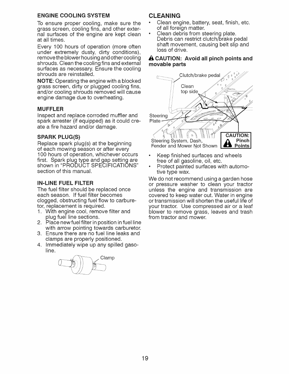 Muffler, Spark plug(s), In-line fuel filter | Cleaning | Craftsman 917.28925 User Manual | Page 19 / 64