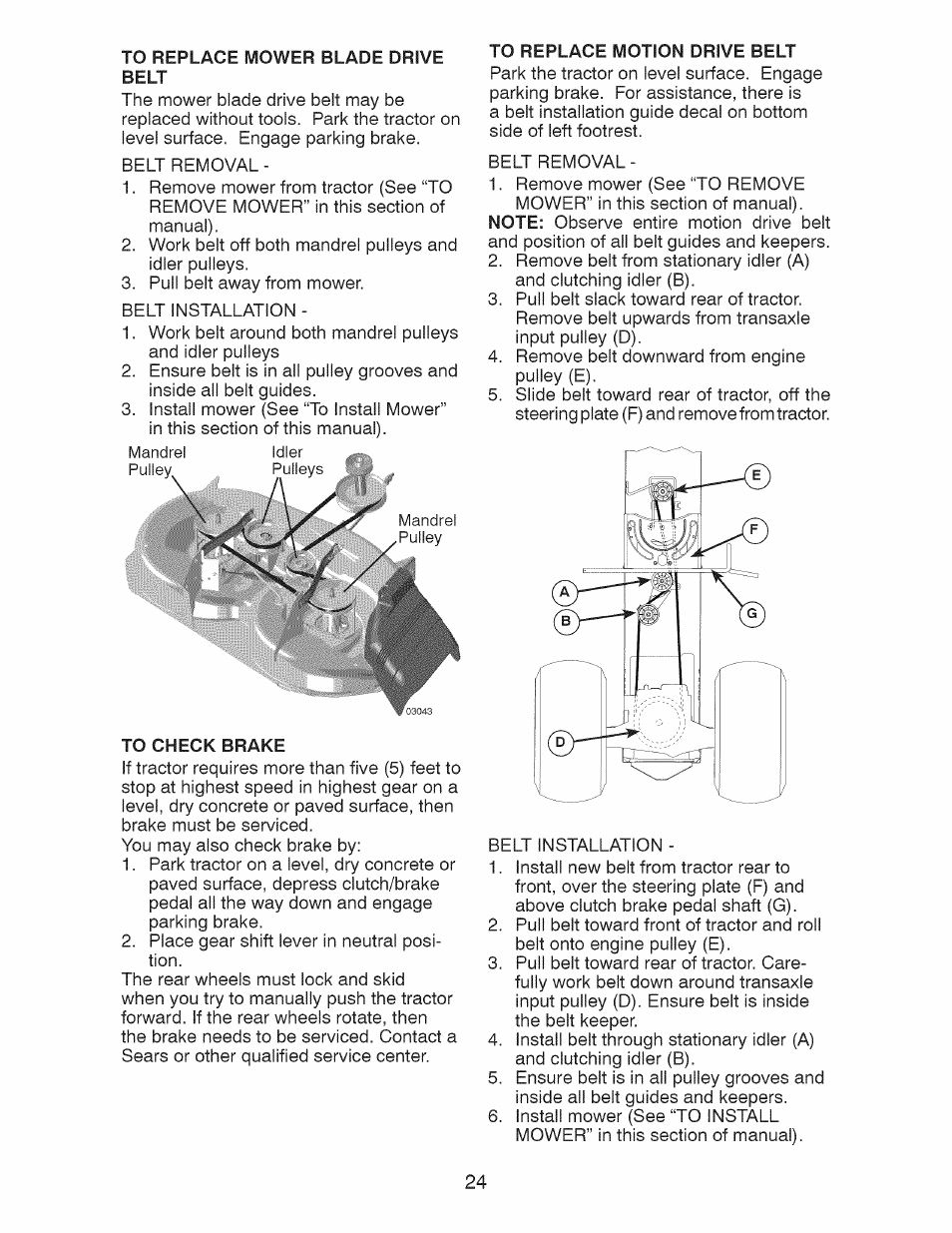 To replace mower blade drive, To check brake | Craftsman 917.28925 User Manual | Page 24 / 64