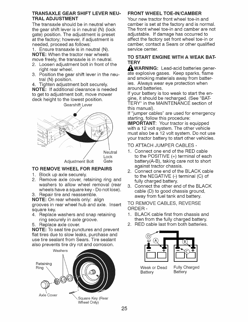 To remove wheel for repairs, Front wheel toe-in/camber, To start engine with a weak battery | Craftsman 917.28925 User Manual | Page 25 / 64