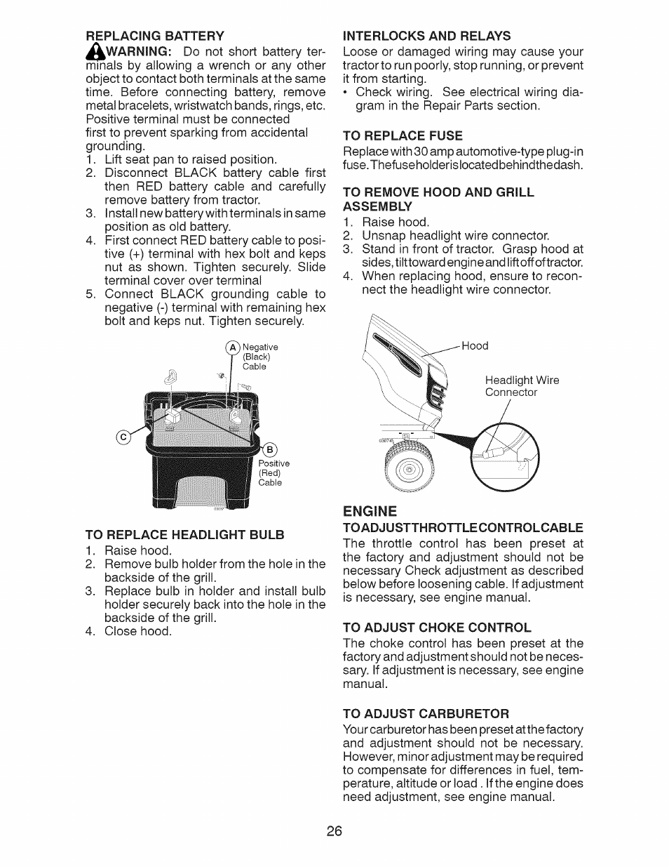 To replace headlight bulb, Interlocks and relays, To replace fuse | To remove hood and grill assembly, Engine, Toadjustthrottlecontrolcable, To adjust choke control, To adjust carburetor | Craftsman 917.28925 User Manual | Page 26 / 64