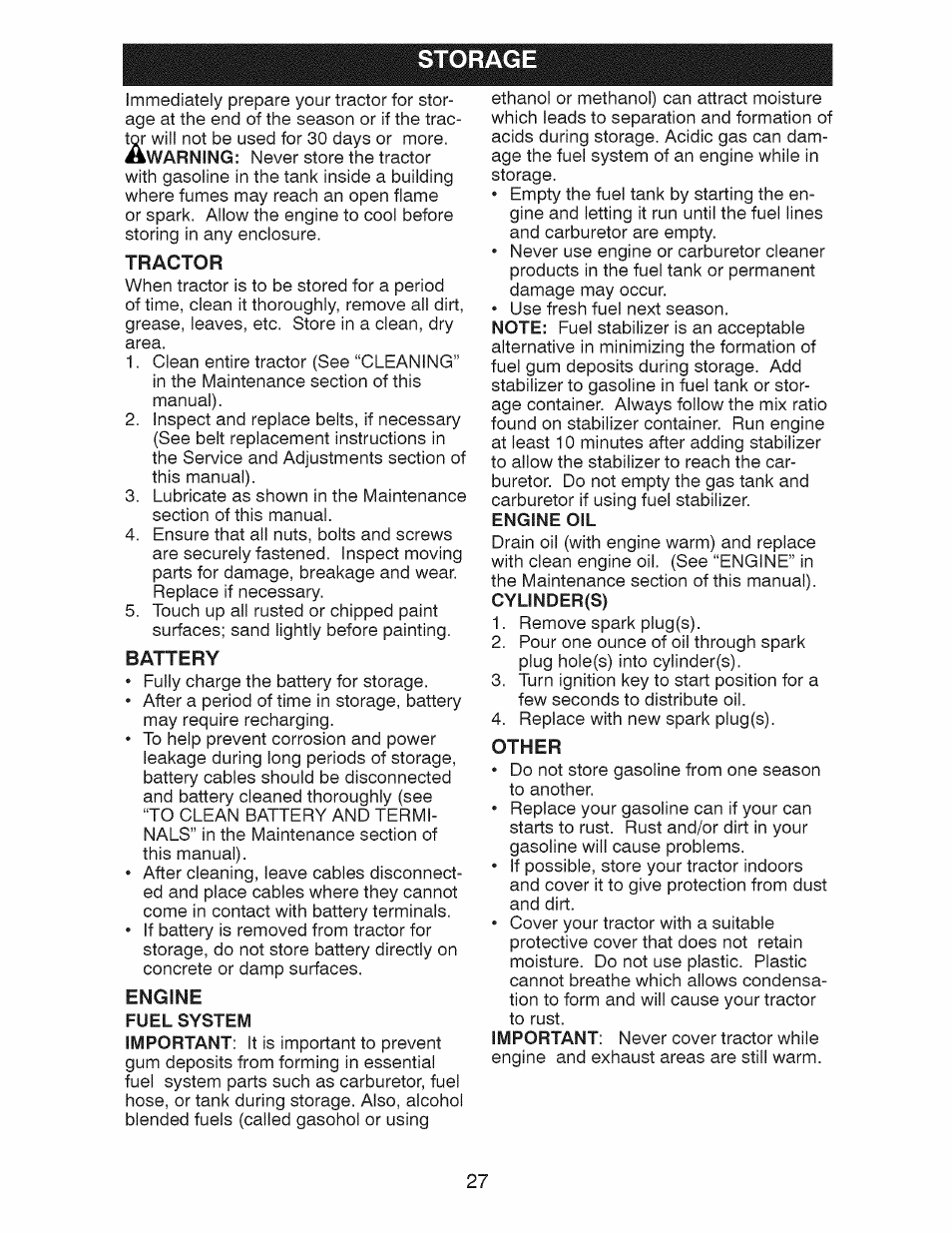 Storage, Tractor, Battery | Engine oil, Other | Craftsman 917.28925 User Manual | Page 27 / 64