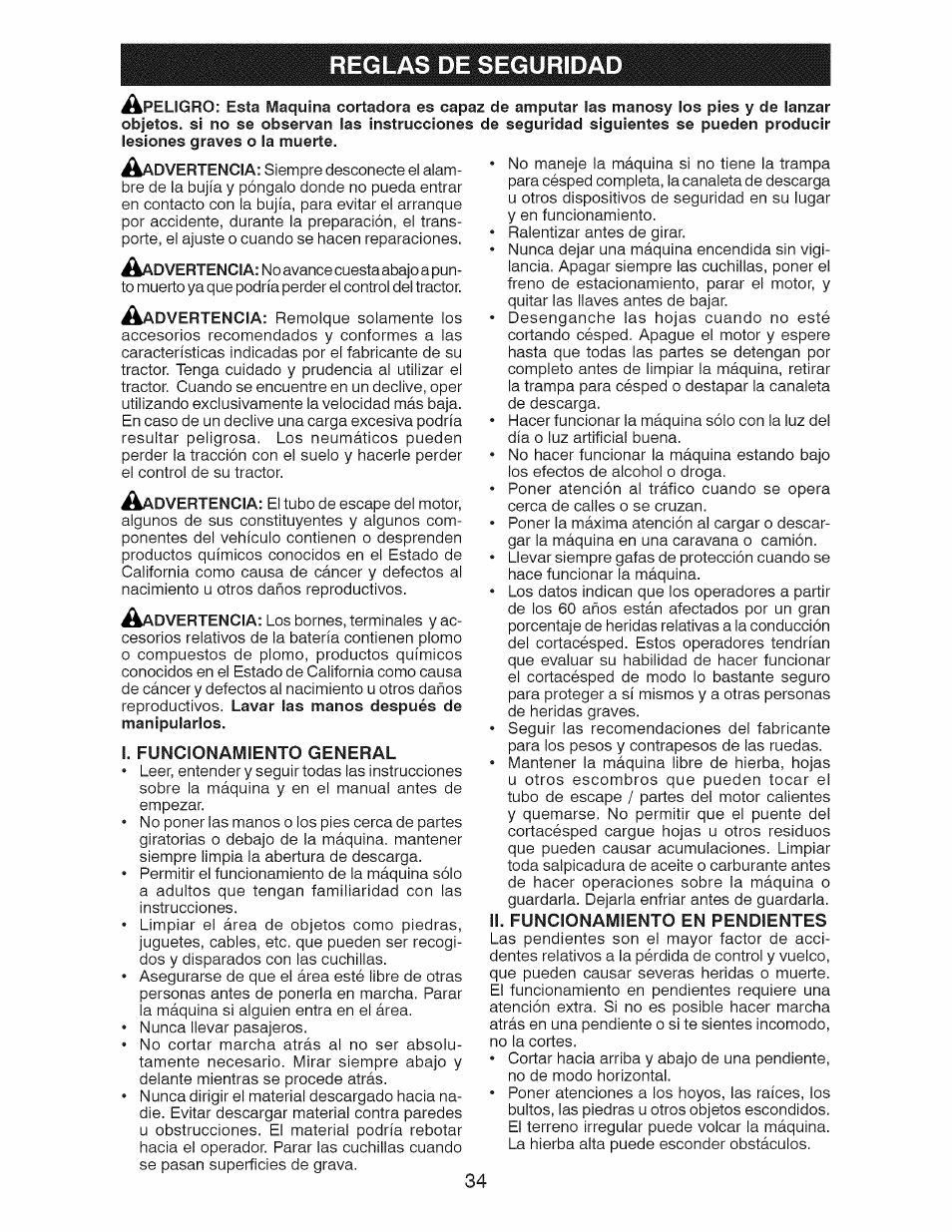 I. funcionamiento general, Ii. funcionamiento en pendientes, Reglas de seguridad | Craftsman 917.28925 User Manual | Page 34 / 64