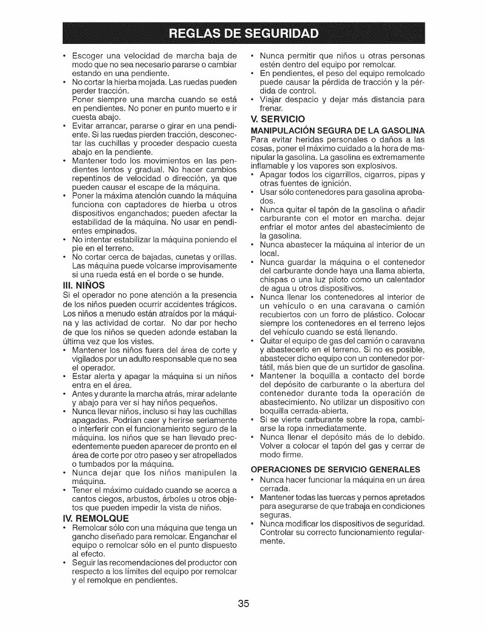 Iii. niños, Iv. remolque, V. servicio | Reglas de seguridad | Craftsman 917.28925 User Manual | Page 35 / 64