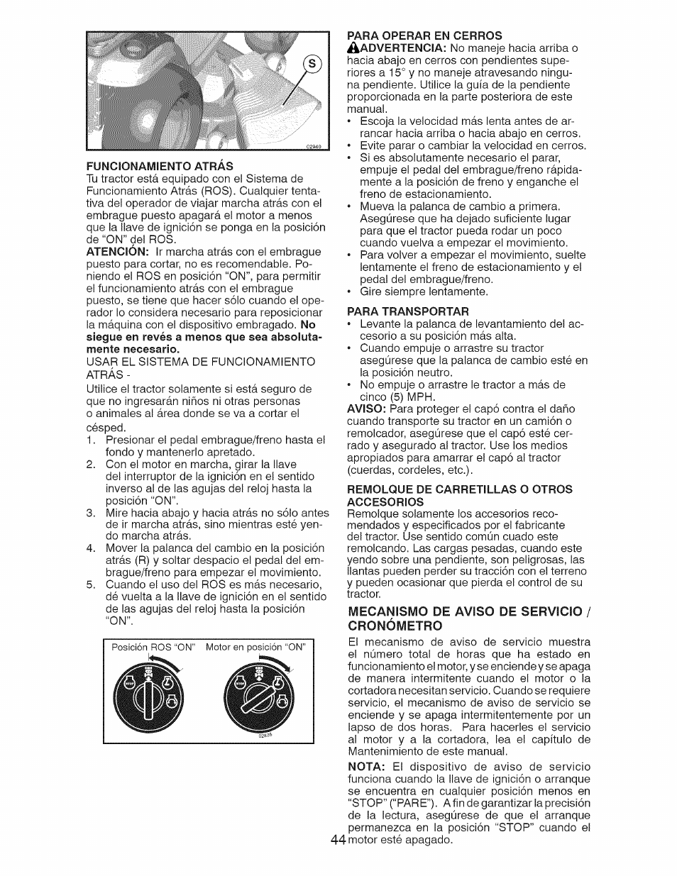 Mecanismo de aviso de servicio / cronómetro | Craftsman 917.28925 User Manual | Page 44 / 64