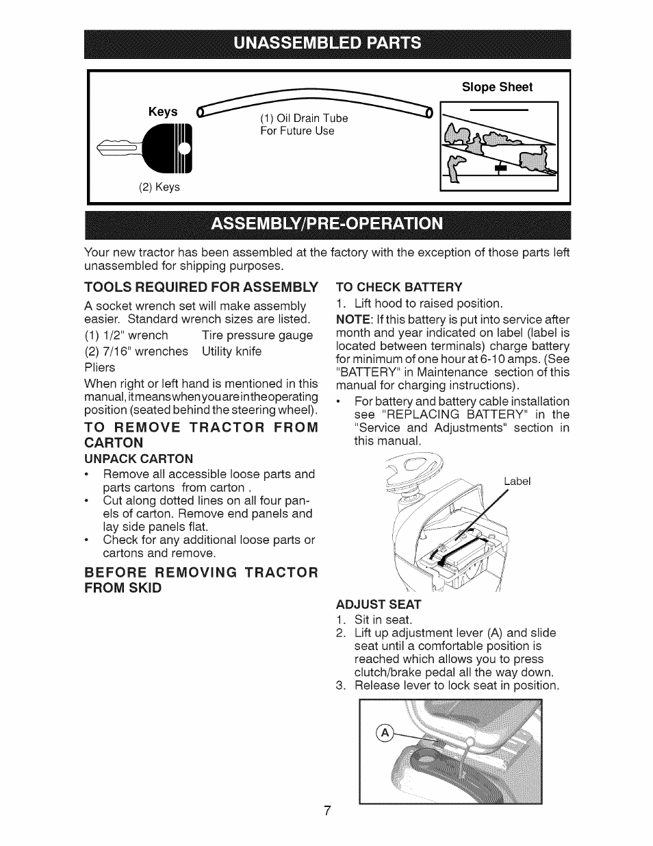 Unassembled parts, Assembly/pre-operation, Tools required for assembly | To remove tractor from, Carton, Unpack carton, Before removing tractor from skid, To check battery, Adjust seat | Craftsman 917.28925 User Manual | Page 7 / 64