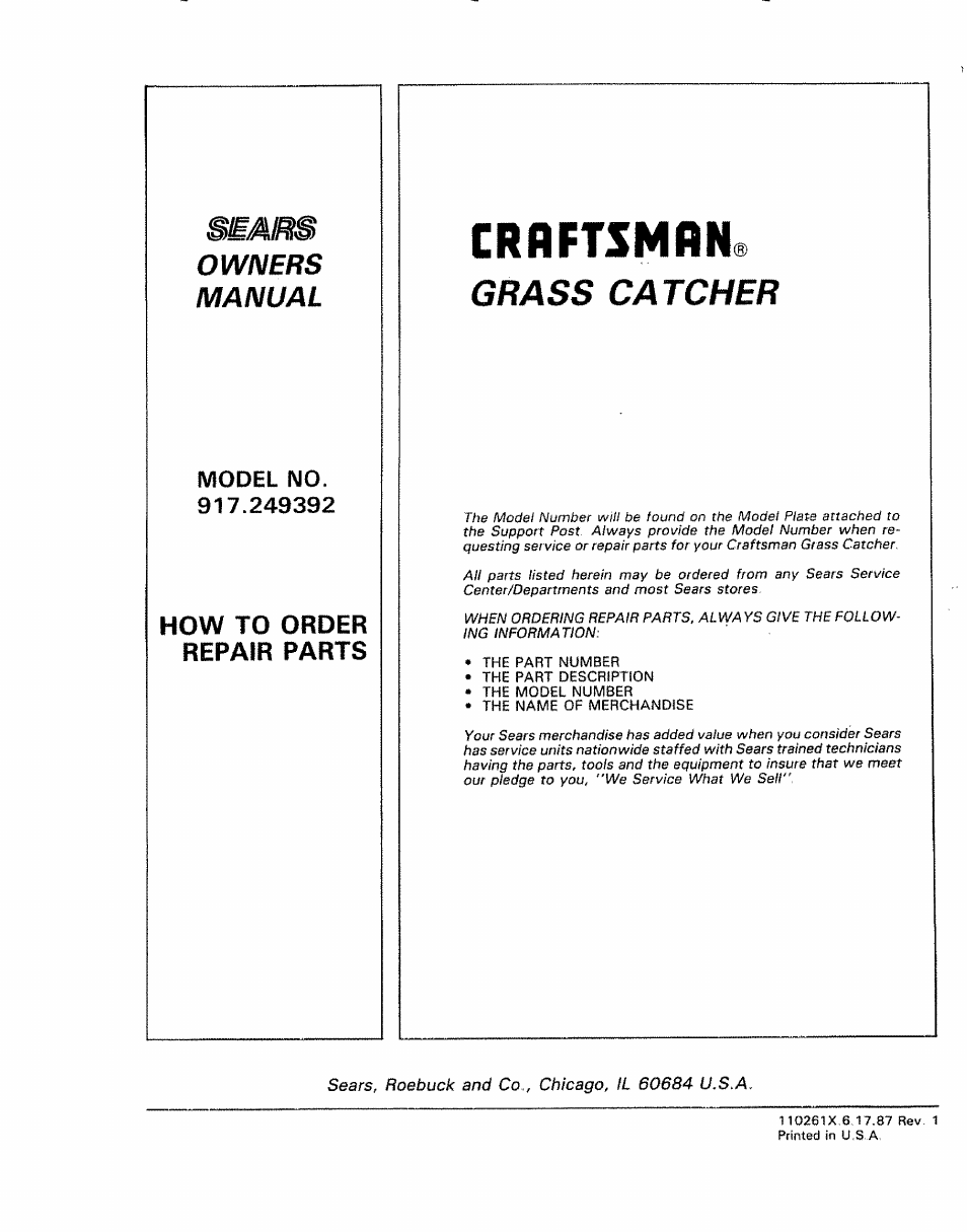 Grass ca tcher, Fdfl etymon, How to order repair parts | Owners manual | Craftsman 917.249392 User Manual | Page 20 / 20