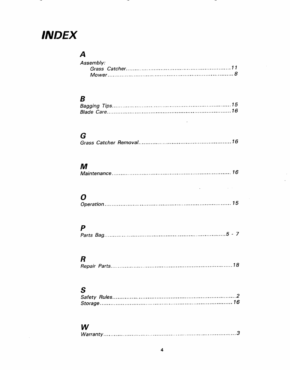 Index | Craftsman 917.249392 User Manual | Page 4 / 20