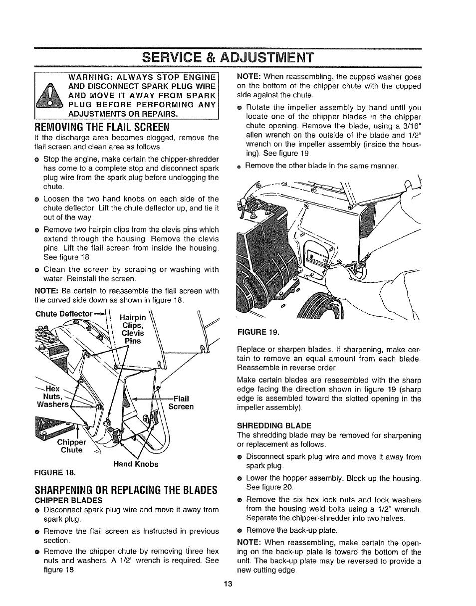 Removing the flail screen, Sharpening or replacing the blades, Service & adjustment | Craftsman 247.797852 User Manual | Page 13 / 24