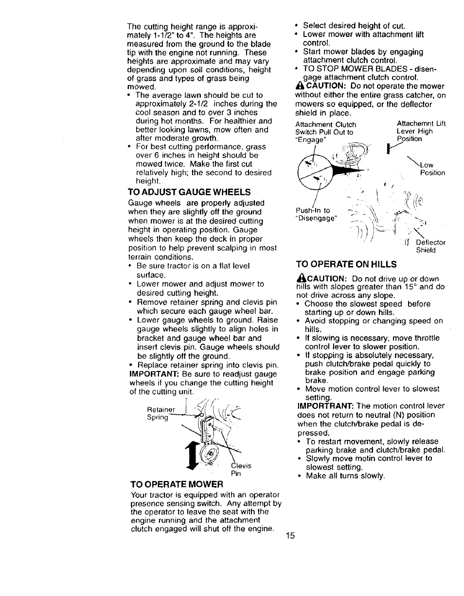 To adjust gauge wheels, To operate on hills | Craftsman 917.273322 User Manual | Page 15 / 64
