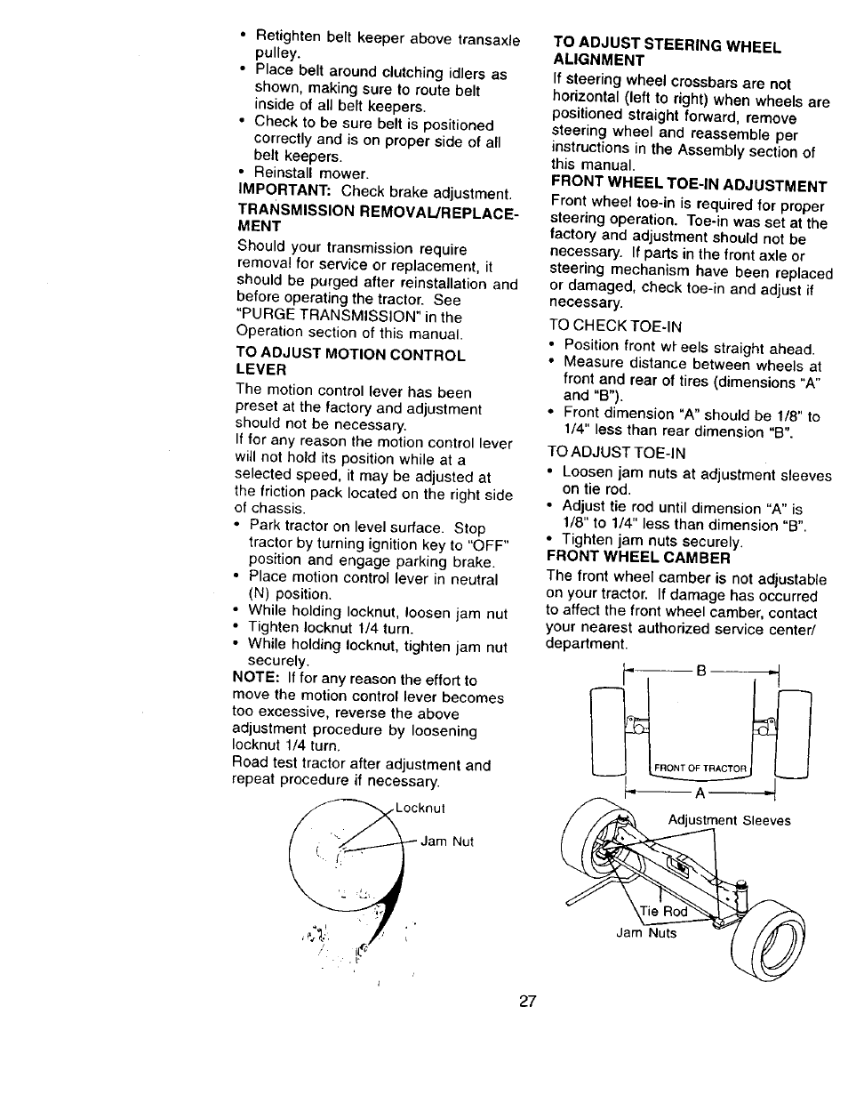 Transmission removal/replace- ment, To adjust motion control lever, To adjust steering wheel alignment | Front wheel toe-in adjustment, Front wheel camber | Craftsman 917.273322 User Manual | Page 27 / 64