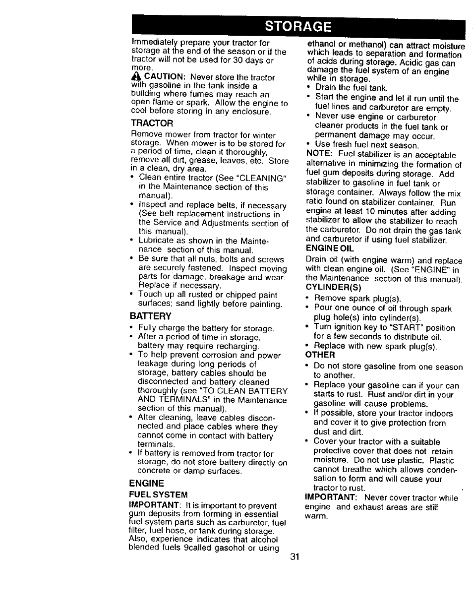 Storage, Tractor, Battery | Craftsman 917.273322 User Manual | Page 31 / 64