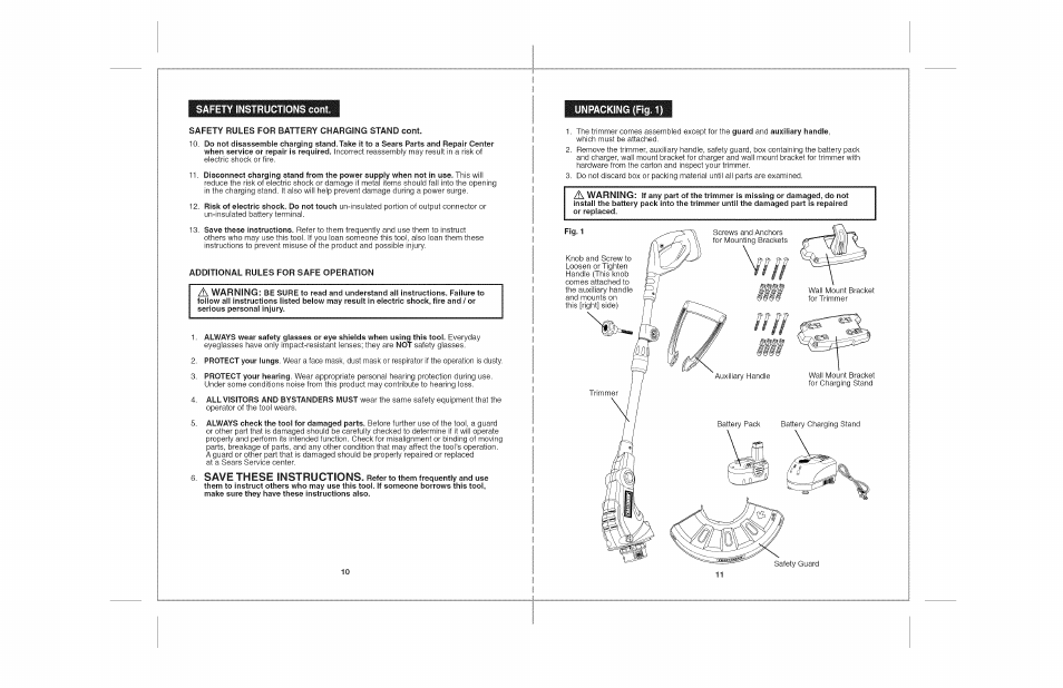 Save these instructions, Safety instructions cont, Unpacking (fig: 1) | Craftsman 172.74815 User Manual | Page 6 / 17