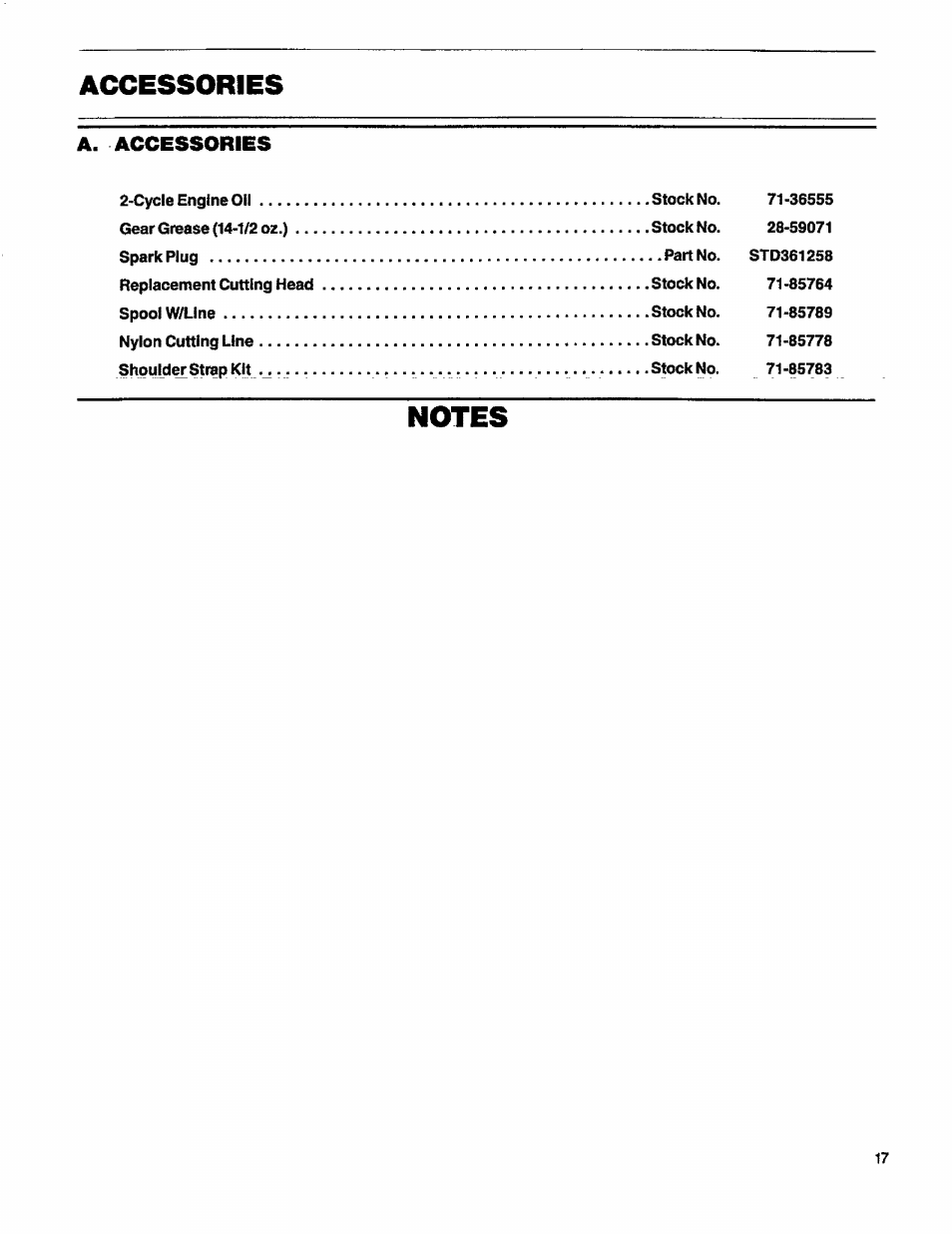 Accessories, A. accessories, Notes | Craftsman 358.796131- User Manual | Page 17 / 28