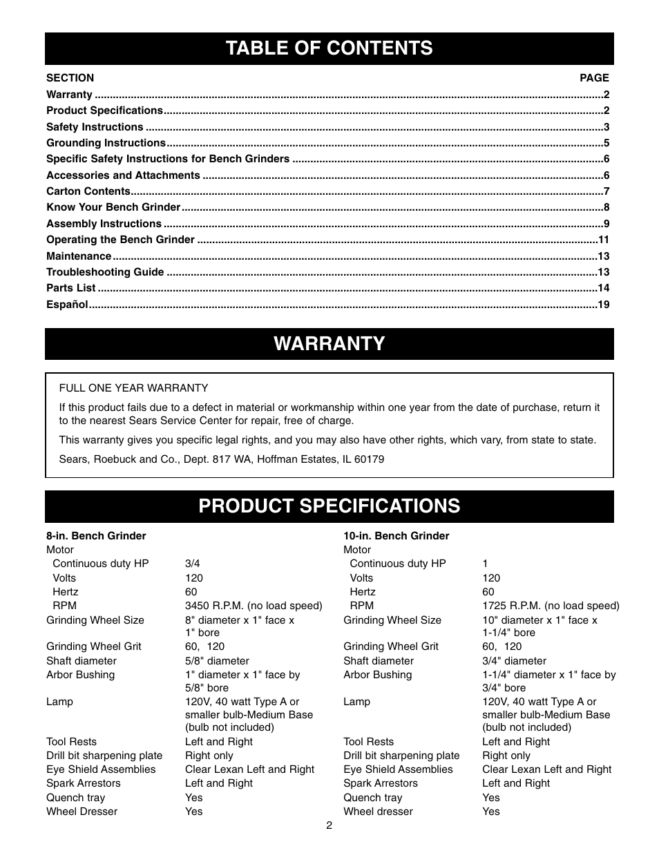 Table of contents warranty product specifications | Craftsman 152.22018 User Manual | Page 2 / 19