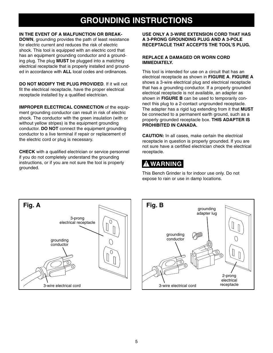 Grounding instructions, Fig. a, Fig. b | Warning | Craftsman 152.22018 User Manual | Page 5 / 19