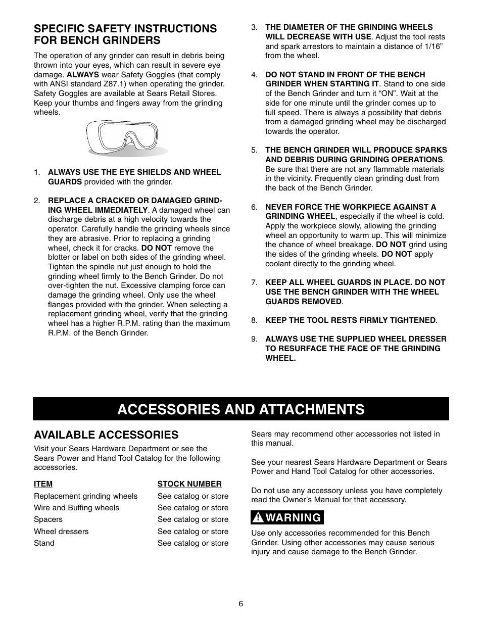 Accessories and attachments, Specific safety instructions for bench grinders, Available accessories | Warning | Craftsman 152.22018 User Manual | Page 6 / 19
