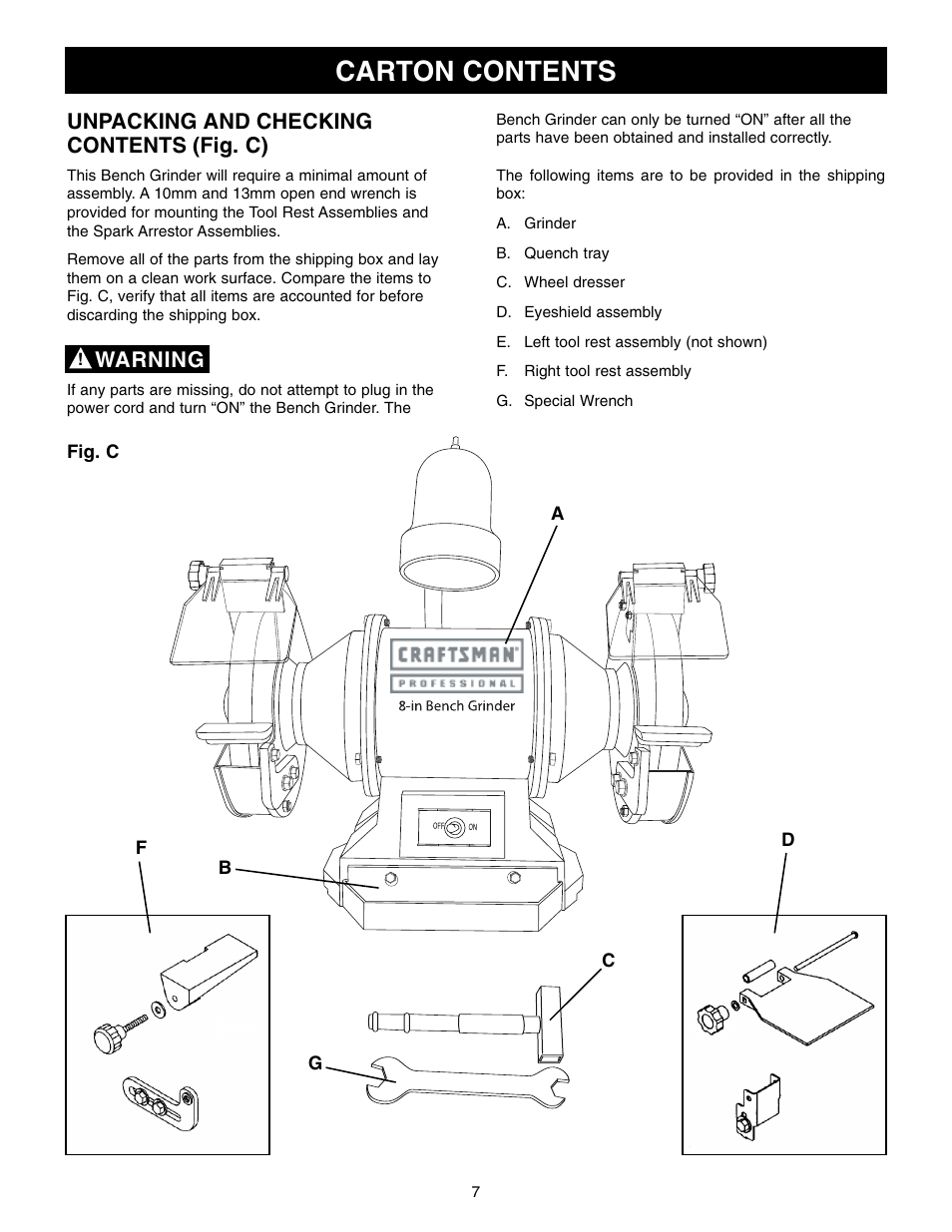 Carton contents, Unpacking and checking contents (fig. c), Warning | Craftsman 152.22018 User Manual | Page 7 / 19