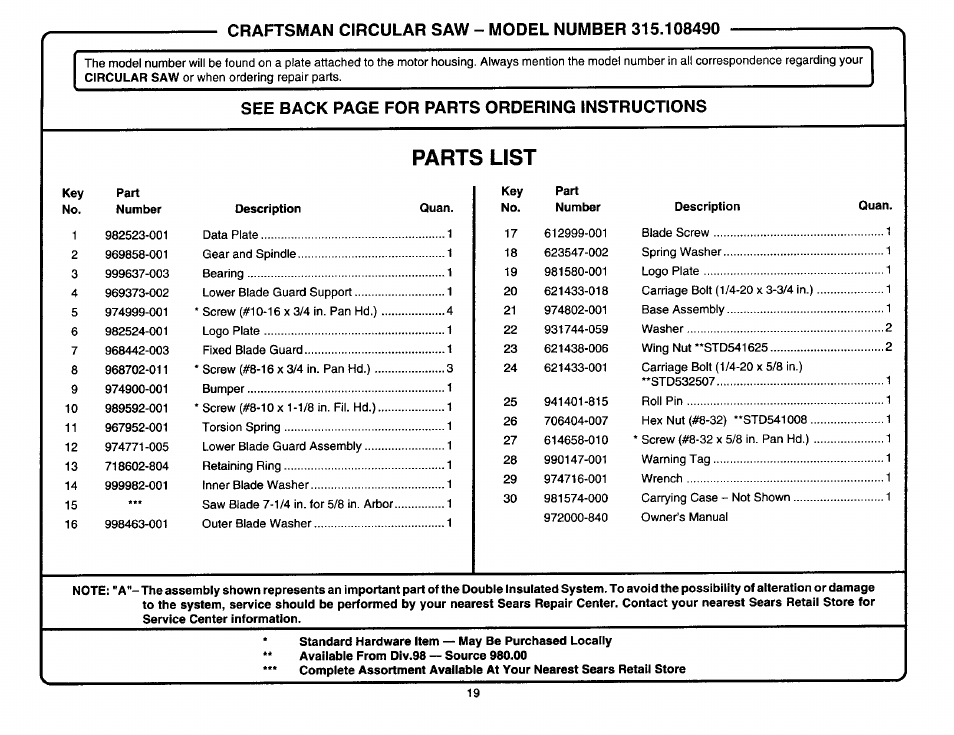 Parts list, See back page for parts ordering instructions | Craftsman 315.108490 User Manual | Page 19 / 20