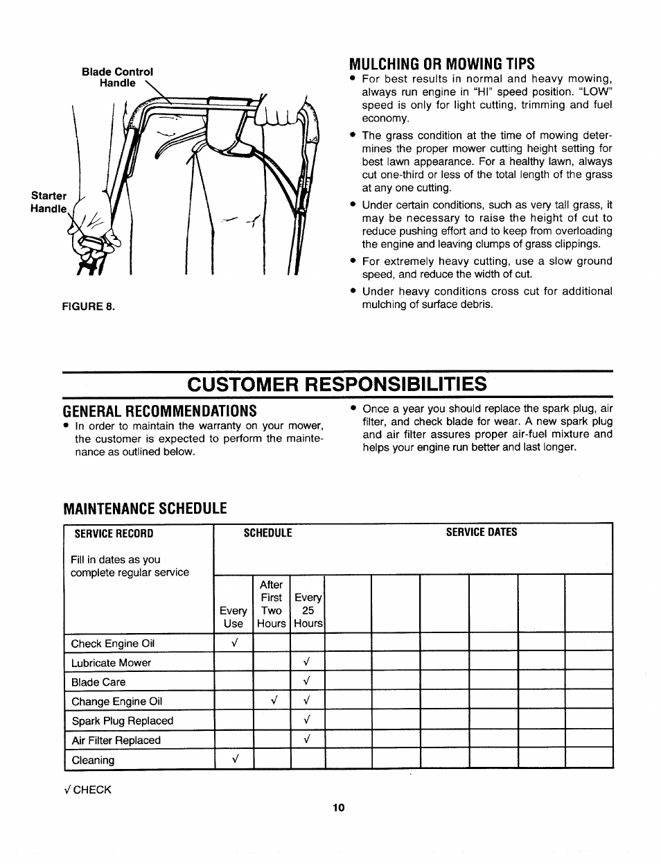 Mulching or mowing tips, Customer responsibilities, General recommendations | Maintenance schedule, Mulching and mowing tips | Craftsman 247.372900 User Manual | Page 10 / 24