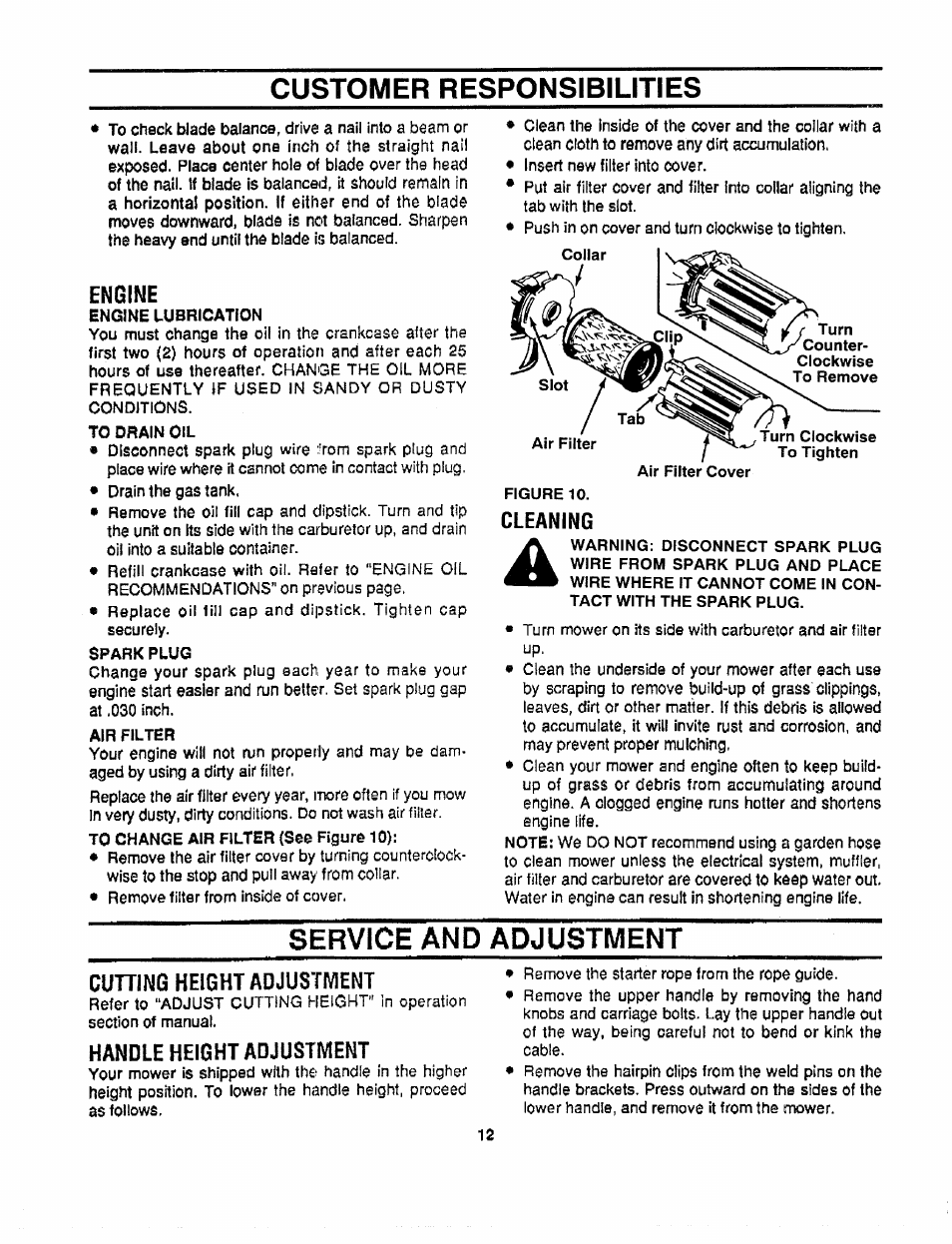 Customer responsibilities, Engine, Service and adjustment | Cutting height adjustment, Handle height adjustment, Service and adjustment ,14, Cleaning | Craftsman 247.372900 User Manual | Page 12 / 24