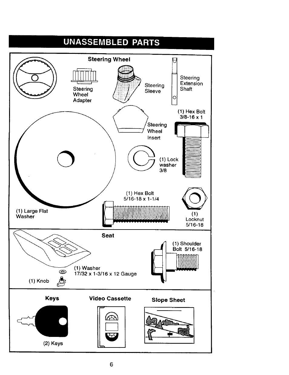 Unassembled parts, Video cassette slope sheet | Craftsman 917.270962 User Manual | Page 6 / 60
