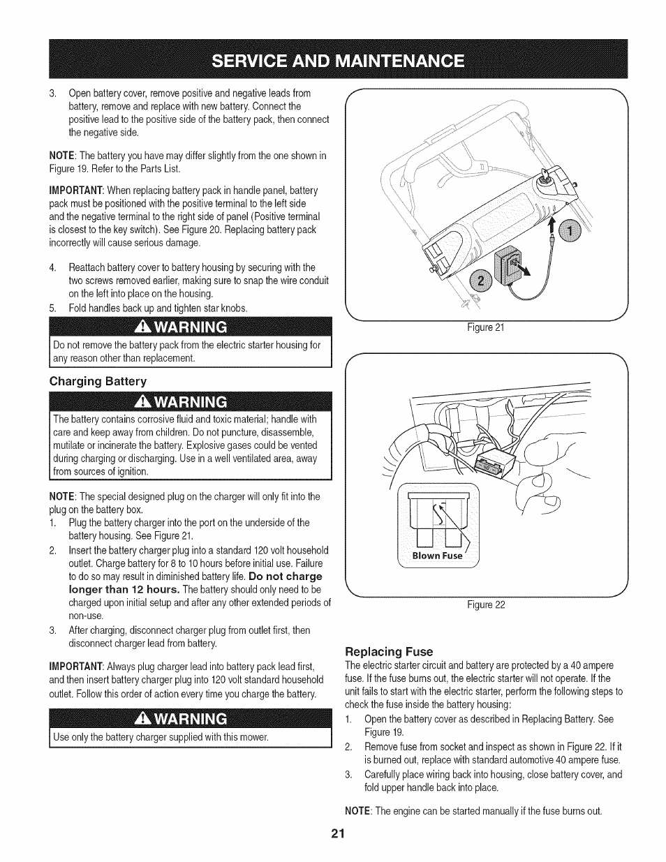 Charging battery, Replacing fuse, Service and maintenance | Warning | Craftsman 247.887760 User Manual | Page 21 / 68