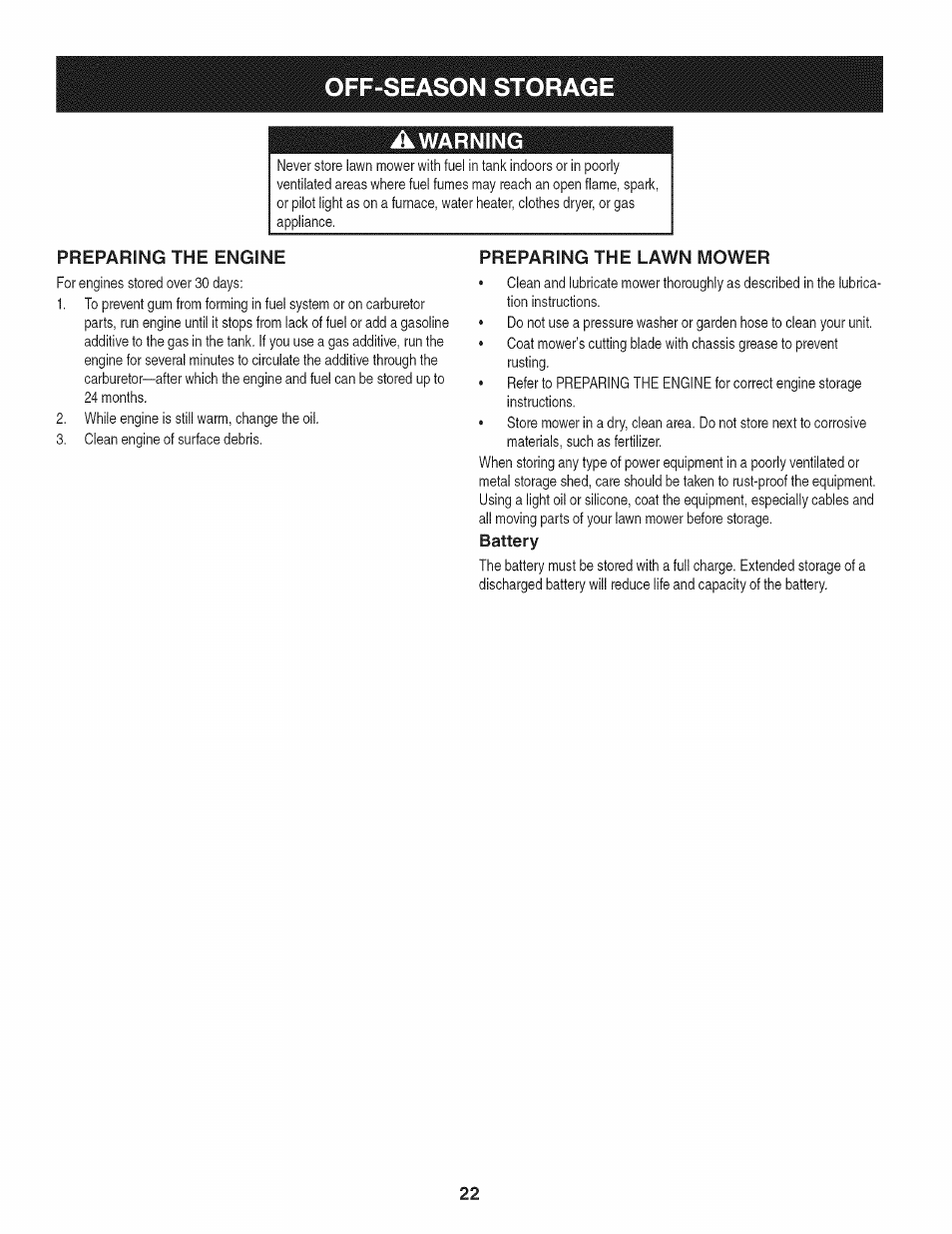 Preparing the engine, Preparing the lawn mower, Battery | Off-season storag | Craftsman 247.887760 User Manual | Page 22 / 68
