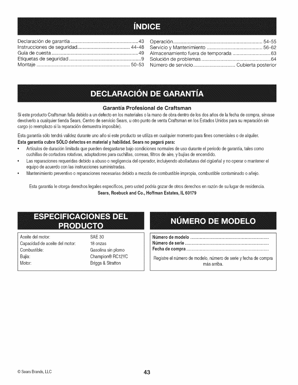 Declaracion de garantia, Especificaciones del producto numero de modelo | Craftsman 247.887760 User Manual | Page 43 / 68